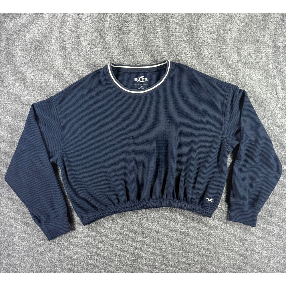 Hollister Womens Navy‎ Blue Waffle Knit Cropped Boyfriend T-Shirt Long Sleeve M